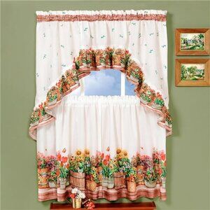Light Filtering Printed Tier & Swag Window Curtain Set - 36 Inch Length, 57 Inch